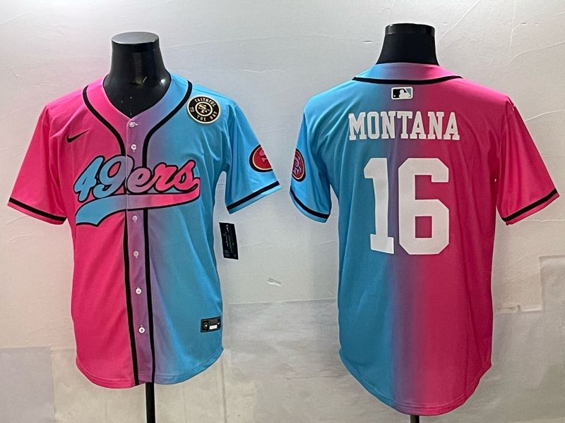 Men 2025 San Francisco 49ers #16 Montana Pink Blue Nike Limited NFL Jersey 07